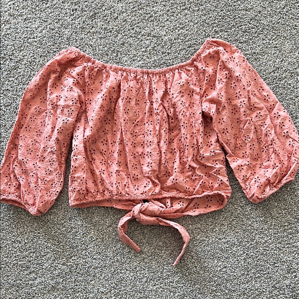 American Eagle Salmon Color Eyelet Tie Front Top - Picture 6 of 7